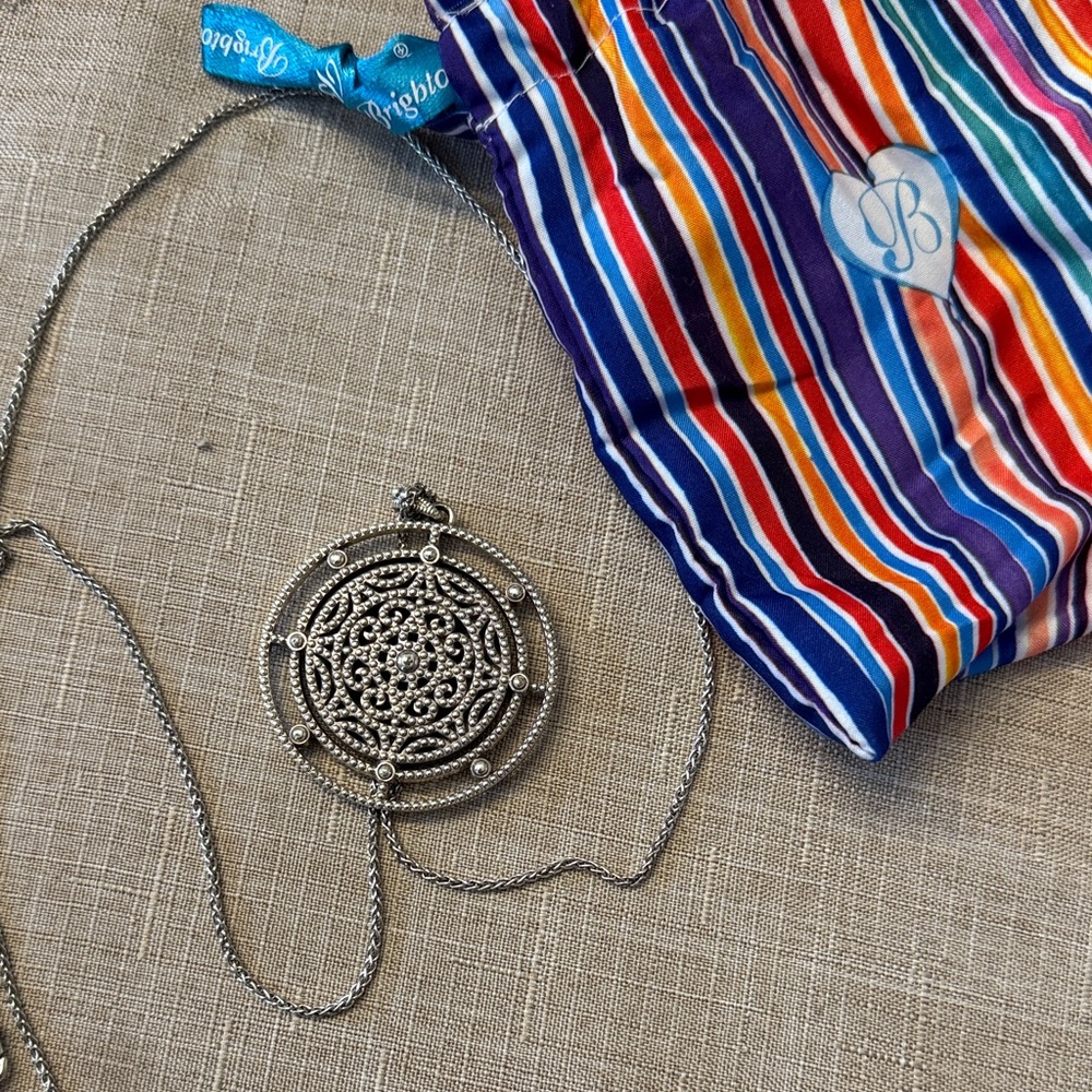 Brighton Silver Medallion Necklace with Striped Pouch